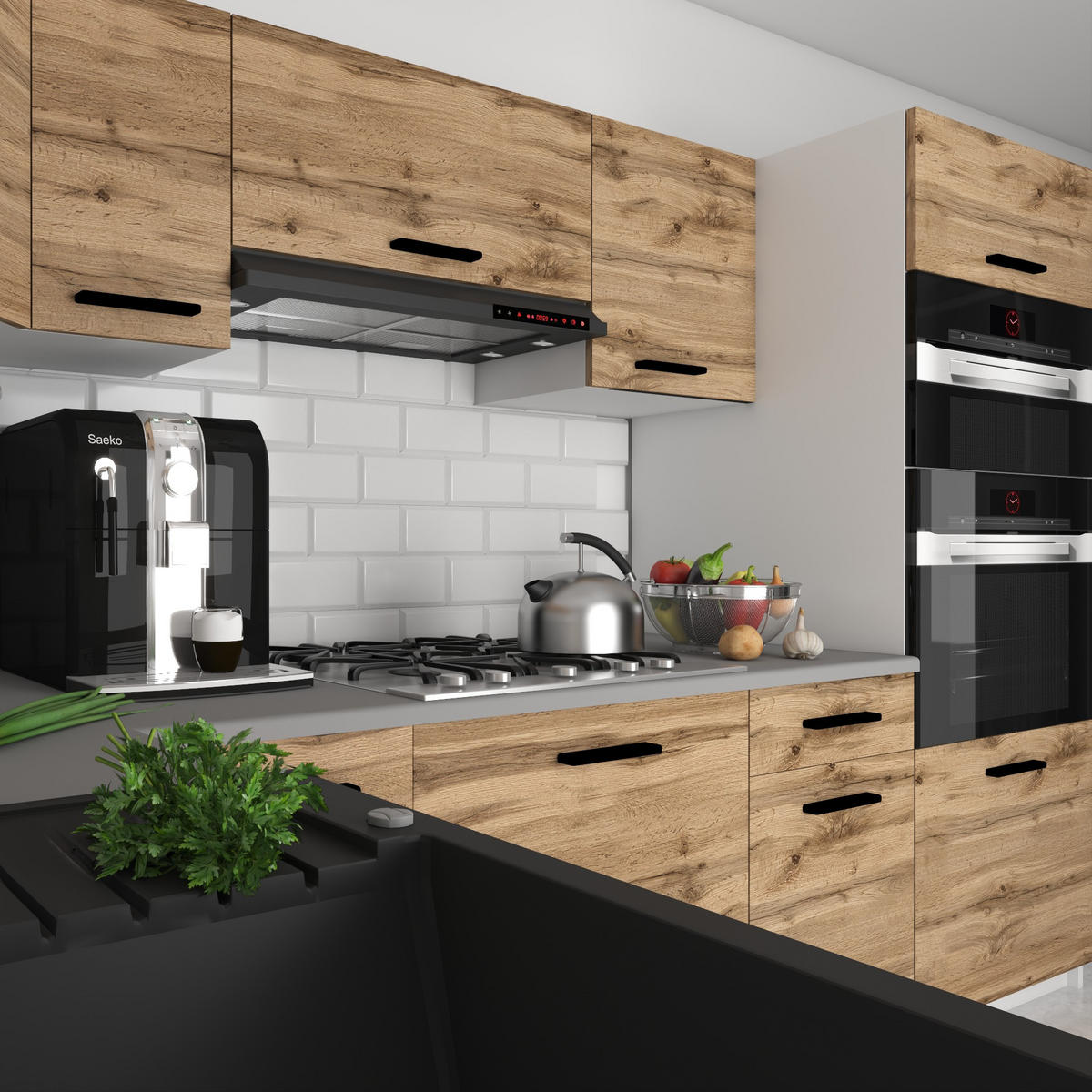 KÜCHENZEILE Italia 8 420 cm , mit Arbeitsplatten, Goldbraun - Braun, Holz (420/143/60cm) - B BELINI GROUP
