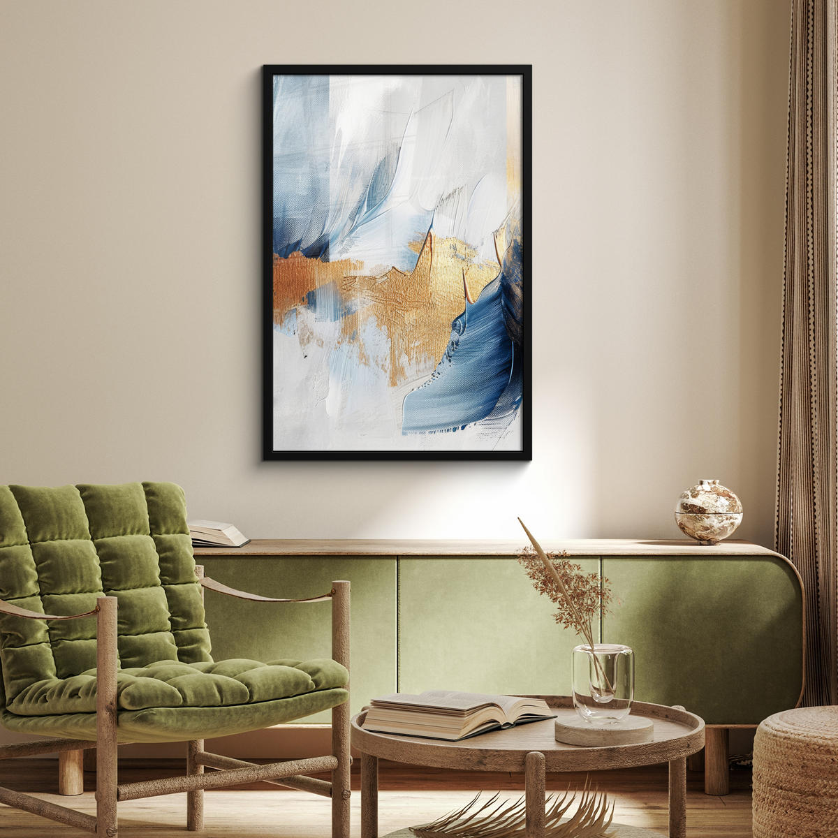 POSTER MIT RAHMEN Gold - Blau - Aquarell - Kunst - Modern 60x90 cm - Hellblau, Papier (60/90cm) - MuchoWow