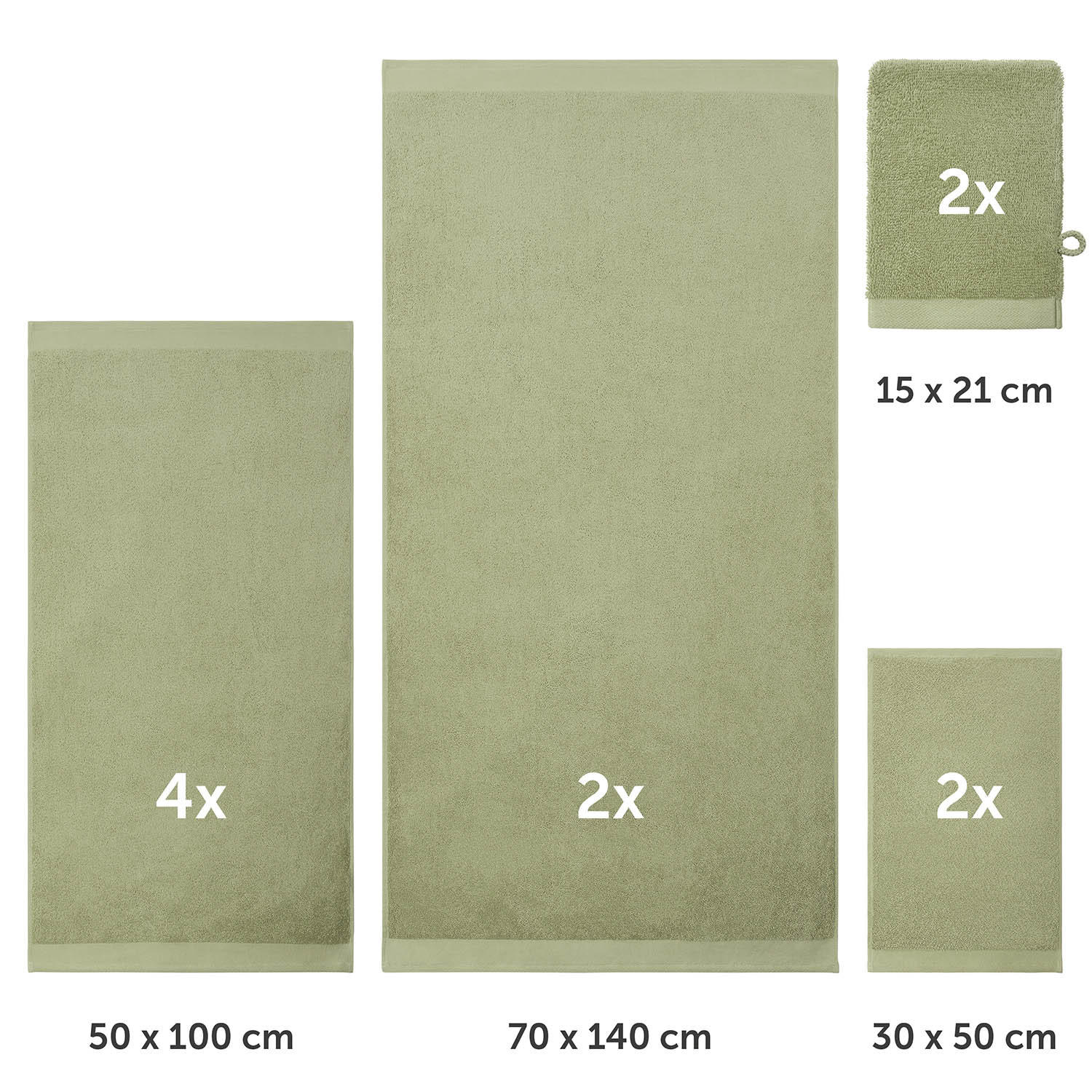 HANDTUCH 8-teilig, 2x Badetuch 70/140 + 4x Handtuch 50/100 + 2x Gästetuch 30/30 + 2x Waschlappen 15/20 cm, Hellgrün - Hellgrün, Textil (70/140cm) - Blumtal