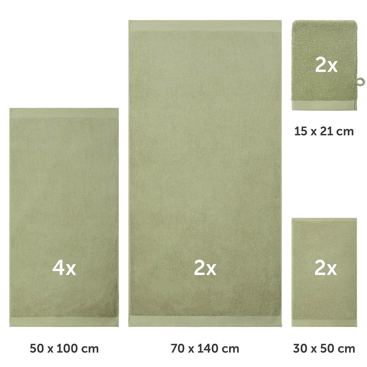 HANDTUCH 8-teilig, 2x Badetuch 70/140 + 4x Handtuch 50/100 + 2x Gästetuch 30/30 + 2x Waschlappen 15/20 cm, Hellgrün - Hellgrün, Textil (70/140cm) - Blumtal