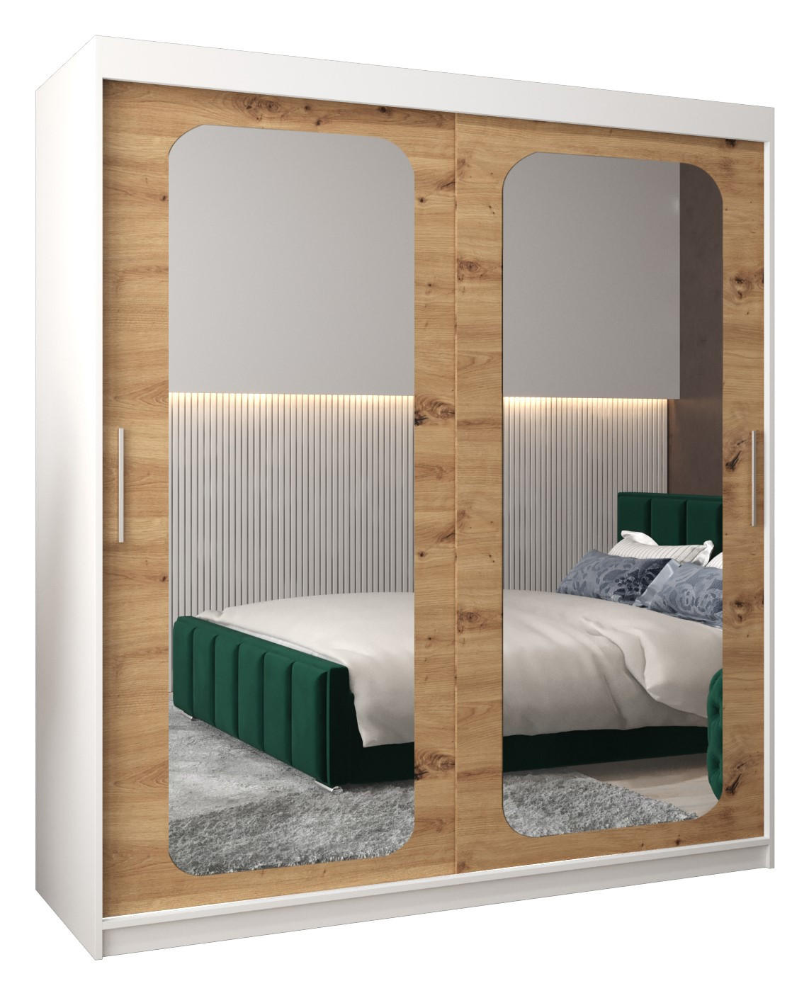 Abiks Möbel Schwebetürenschrank Weiß, Eiche Artisan 180x200x62 cm
