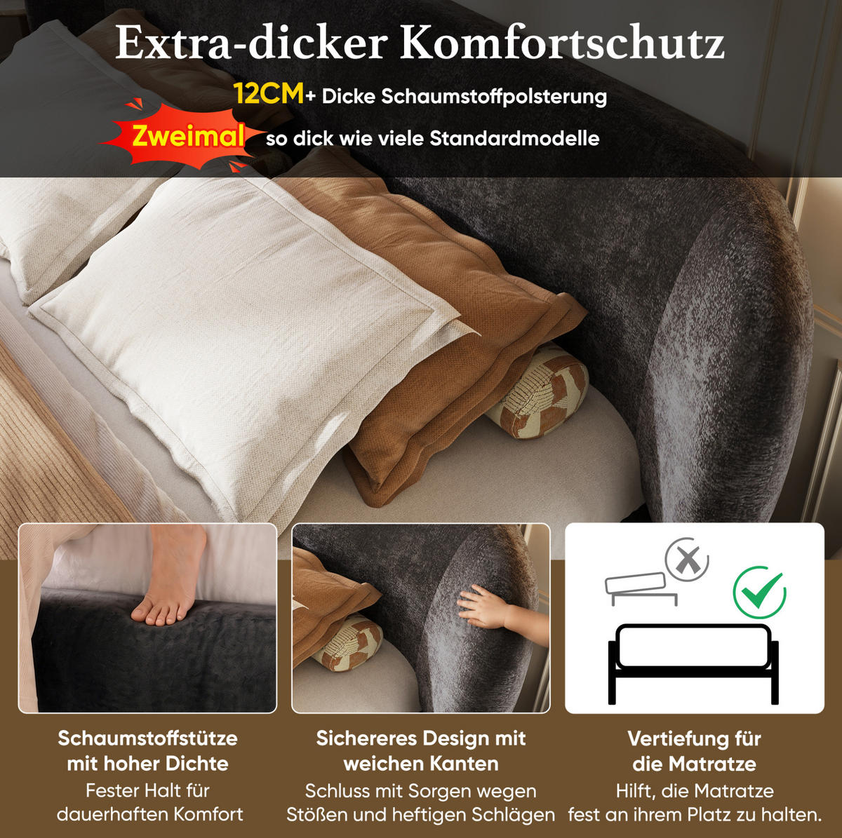 POLSTERBETT aus Chenille 180x200 cm Grau mit Lattenrost und gepolstertem Kopfteil - Grau, Textil (180/200cm) - Modfu