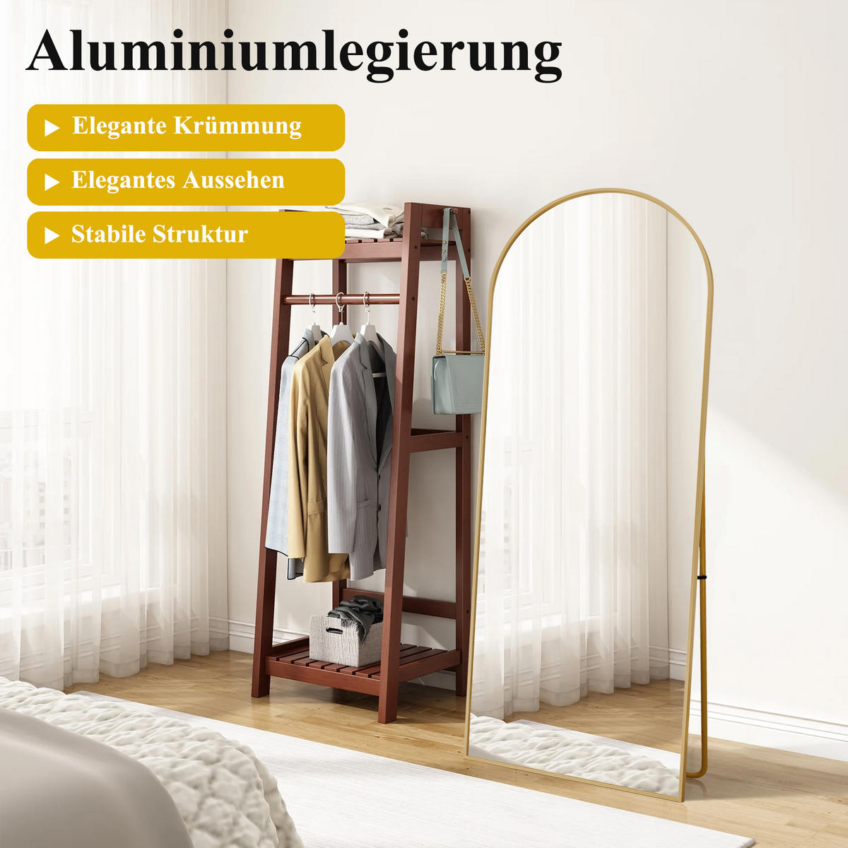 STANDSPIEGEL Bogen 164x54 cm Metallrahmen gold - Goldfarben, Holz (54/164/3cm) - LEBENLANG