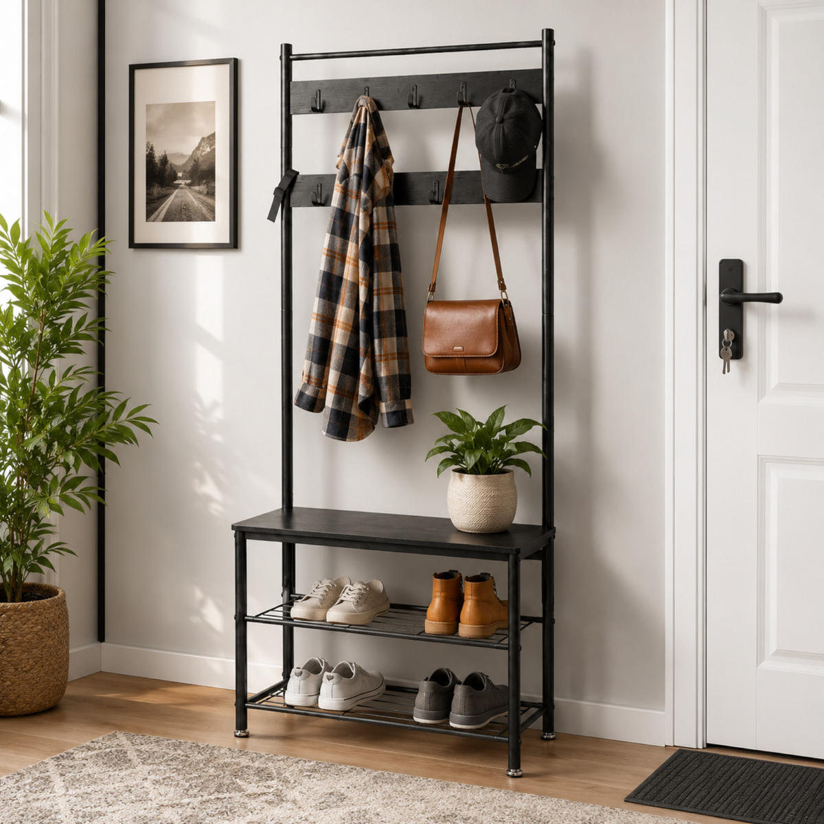 KLEIDERSTÄNDER MDF Metall Schwarz mit Sitzbank Haken und Schuhablagen 70x32x175 cm - Schwarz, Holzwerkstoff/Metall (70/175/32cm) - Begryf