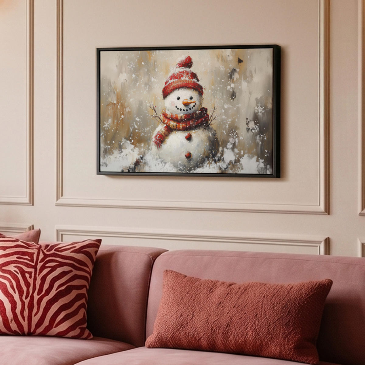 LEINWAND Bilder mit Rahmen - Schneemann - Winter - Schnee - Beige - 60x40 - Weiß, Textil (60/40cm) - MuchoWow