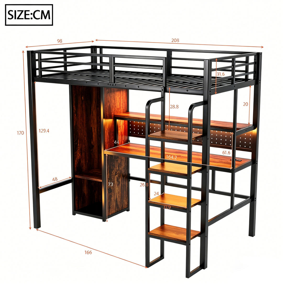 HOCHBETT 90/200 cm aus Metall und MDF mit Schreibtisch, Kleiderschrank, Regal und LED-Beleuchtung, Schwarz - Schwarz, Metall (90/200cm) - Redom