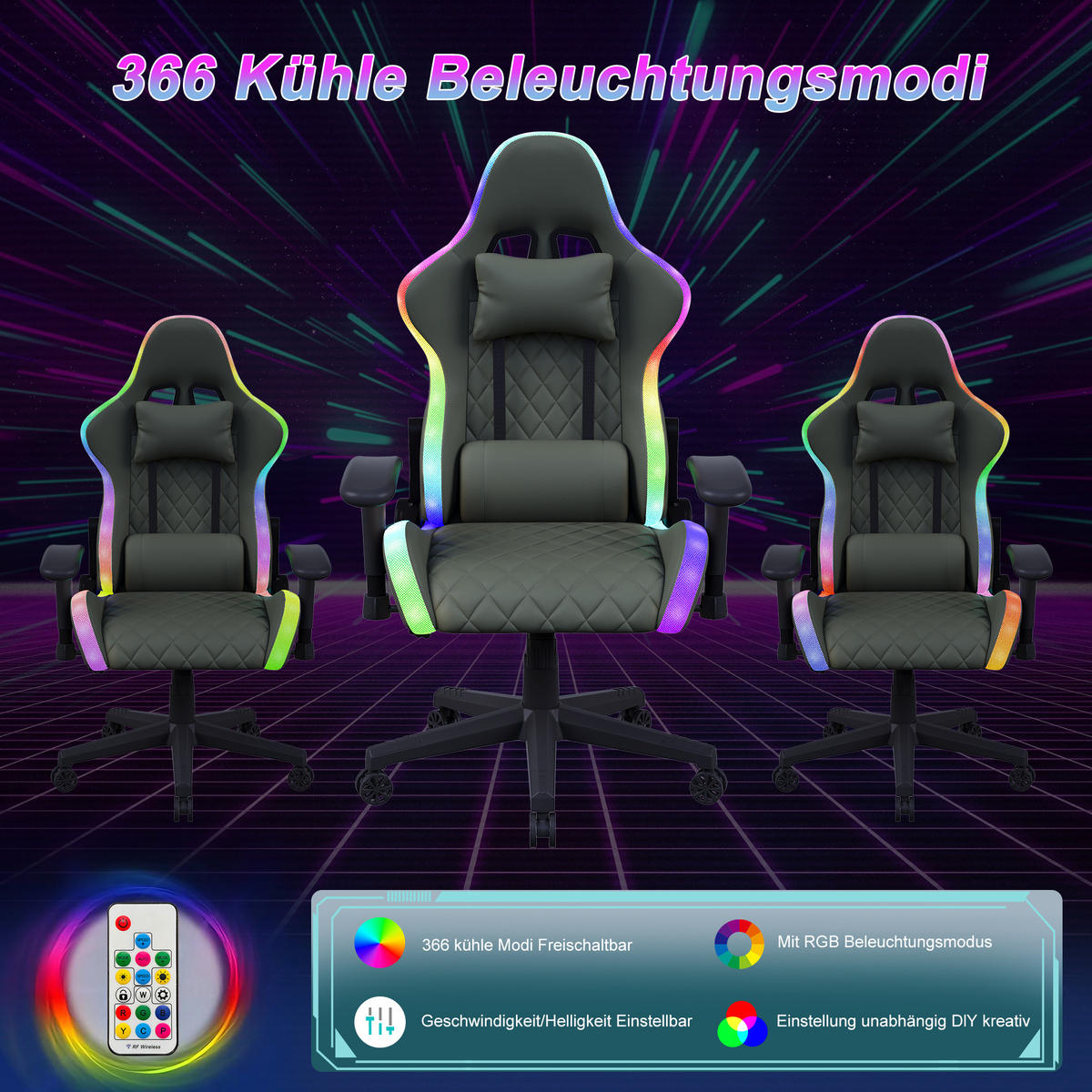GAMINGSTUHL RGB LED Massage verstellbar ergonomisch schwarz - Schwarz, Holz (68/133/68cm) - LEBENLANG
