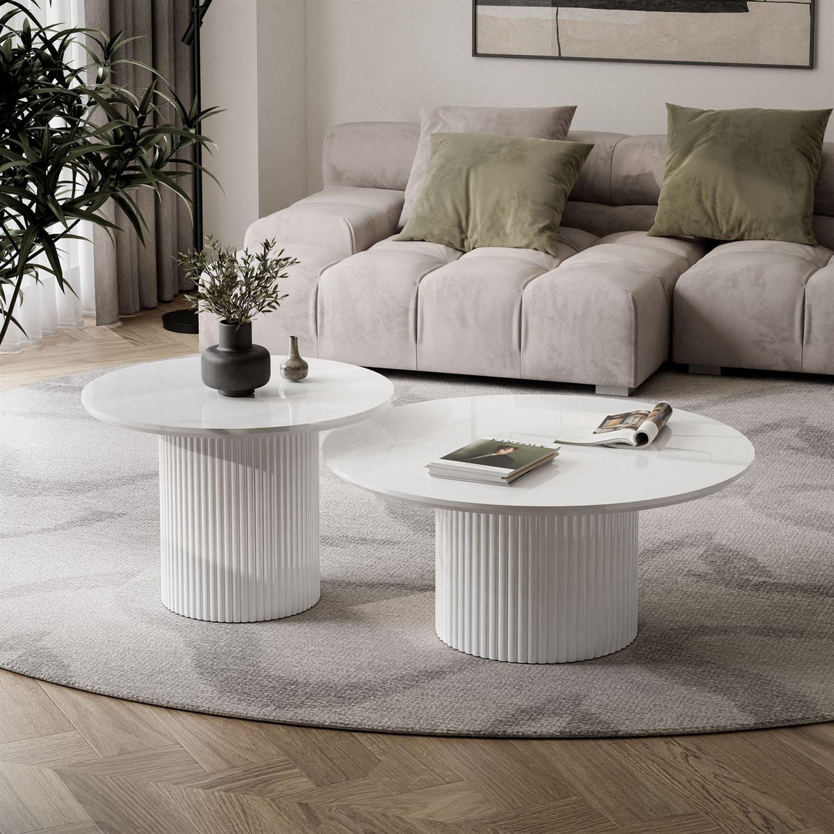 COUCHTISCH-SET OVI mit geriffeltem Sockel - Weiß, Holzwerkstoff (80/80/42cm) - Lookway