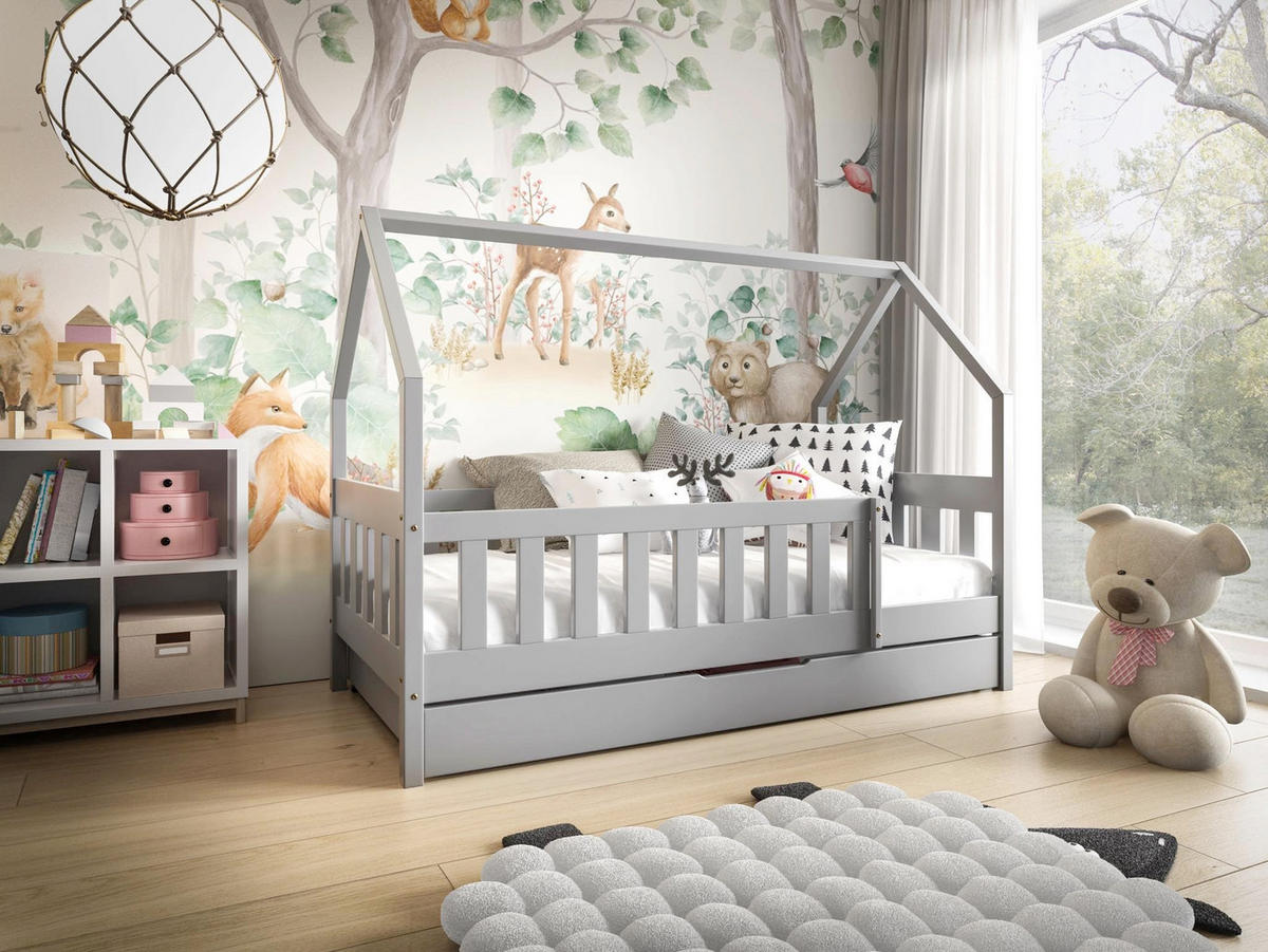 HAUSBETT Mickey mit Matratze, Rausfallschutz und Schublade (Grau, 160x80 cm) - Grau, Holz (80/125/160cm) - VENASI MÖBEL