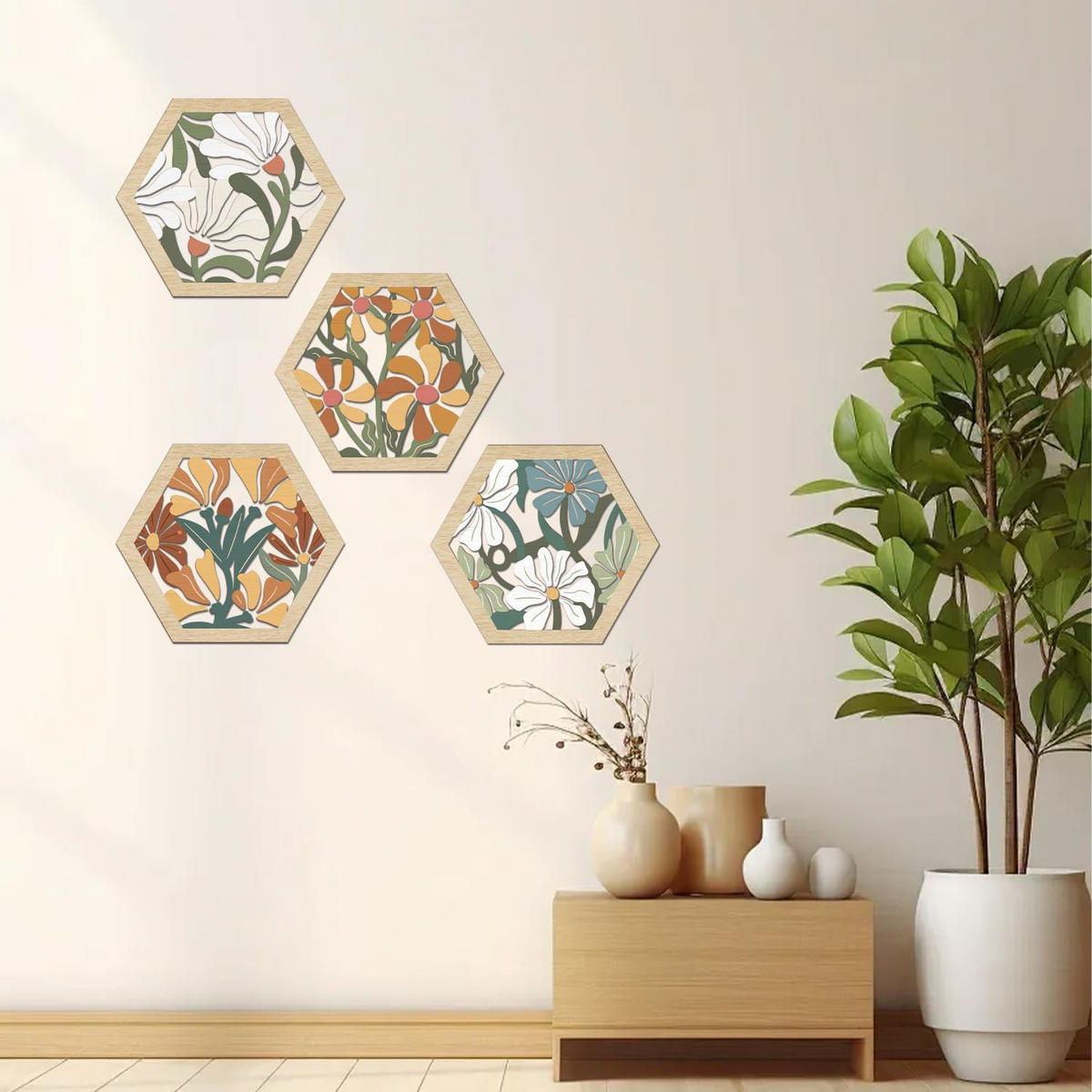 WANDDEKO Bunt 20,32x25,4cm Blumen Holz 4er Set - Akaziefarben, Holzwerkstoff (25/1cm) - Weltevree