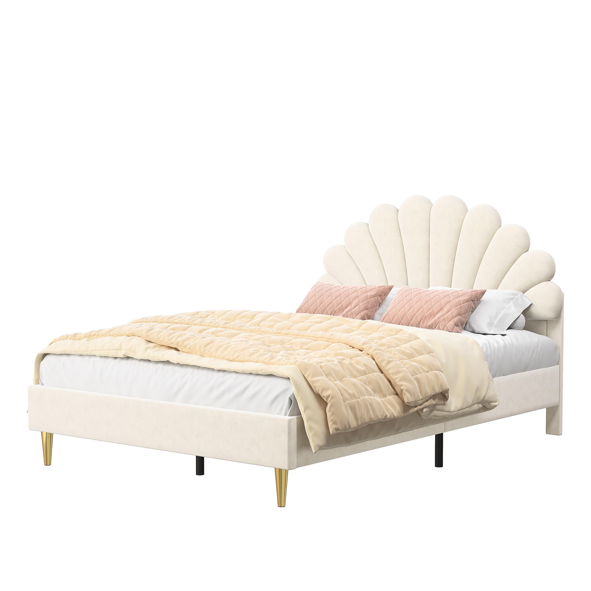 POLSTERBETT 140x200 cm, Blumenform-Kopfteil, Samt - Beige, Textil/Metall (140/200cm)