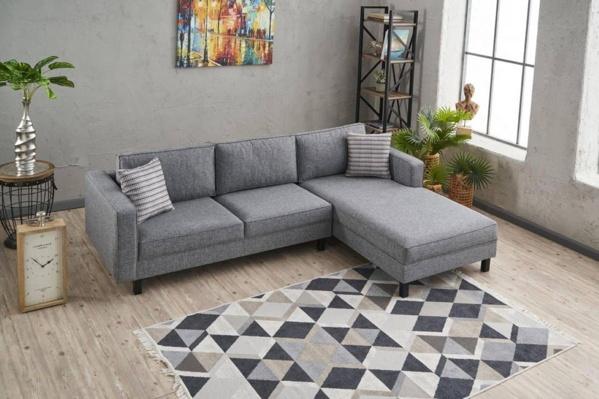 ECKSOFA mit elegantem Leinen-Bezug - Schwarz/Grau, Buchenholz/Textil (187/258cm) - myHomelando