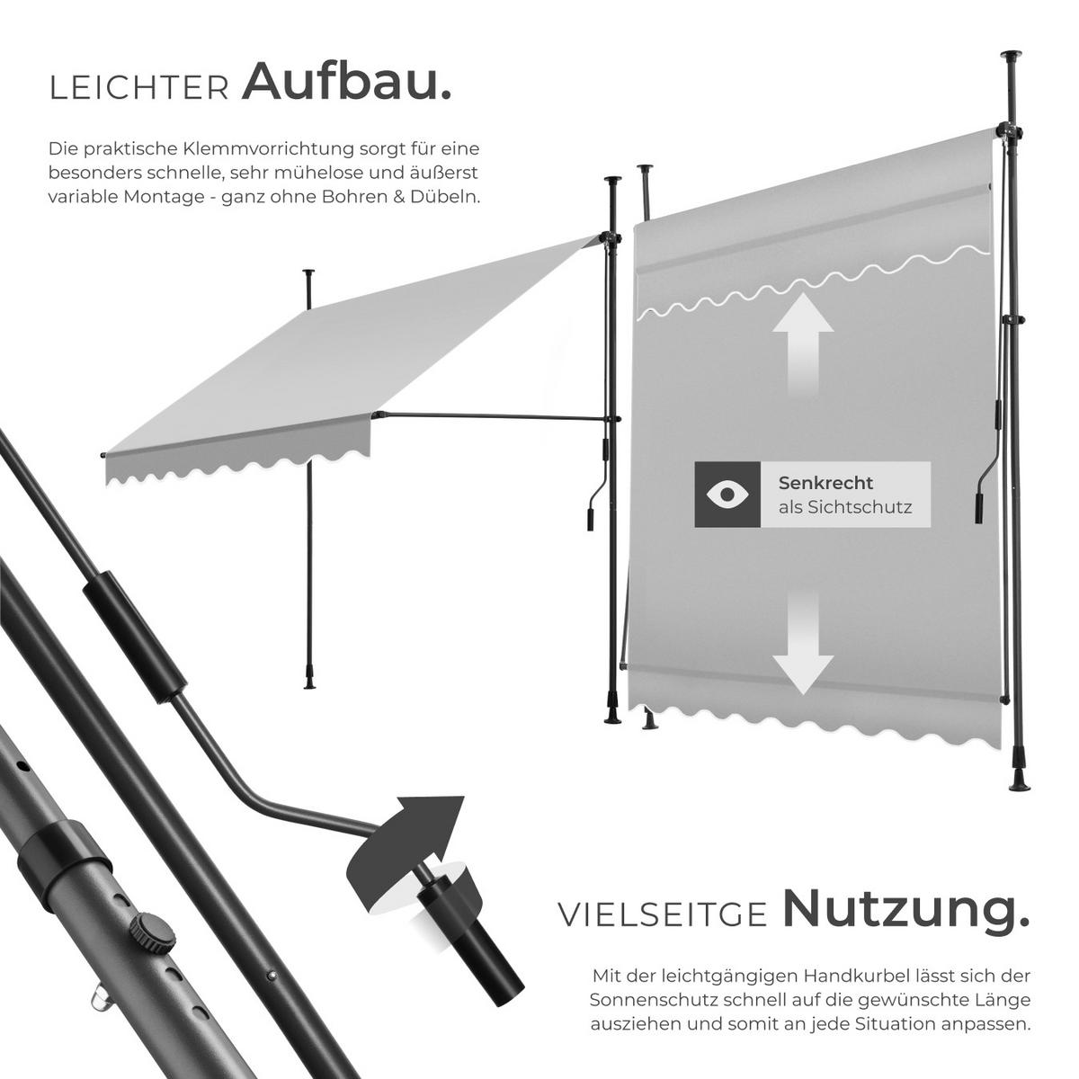 KLEMMMARKISE ,einfache Montage,hellgrau - Hellgrau, Kunststoff (200/304/180cm) - tectake