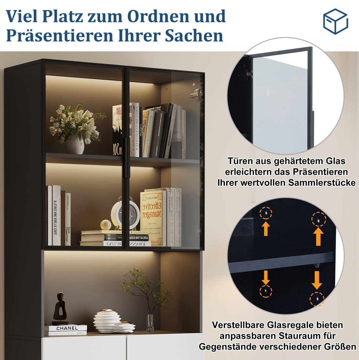 VITRINE 160/30/200 cm in Weiß mit Glastüren und LED-Beleuchtung - Weiß, Holzwerkstoff (30/200/160cm) - Flora Grace