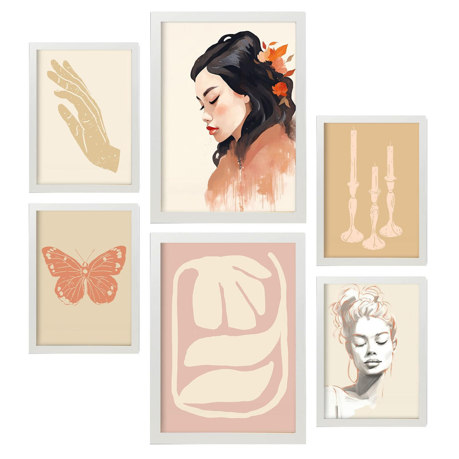 POSTER Set Mit 6 Nachdenkliche Frau A3 & A4 Weißer Rahmen - Weiß, Papier (29/3cm) - Nacnic