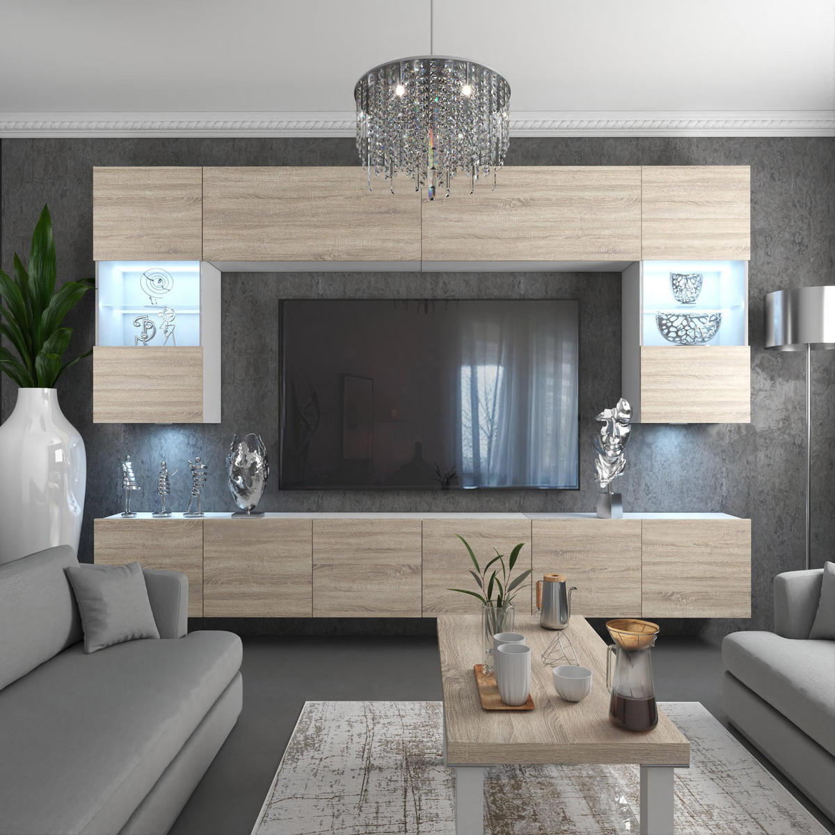 WOHNWAND Milano 1, Weiß/Sonoma Eiche Matt, 300 cm, Grifflos - Sonoma Eiche, Holz (300/155/36cm) - B BELINI GROUP