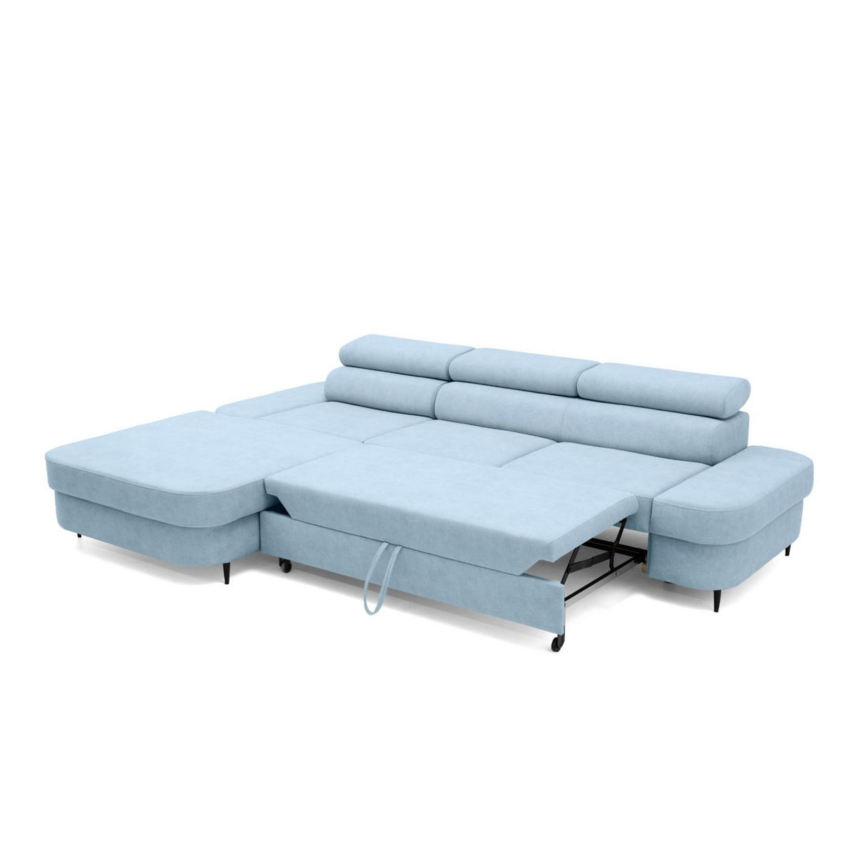 ECKSOFA JAZZ L Links mit Schlaffunktion 127x216 Velours Hellblau - Schwarz/Hellblau, Holz/Textil (285/237cm) - Muffo