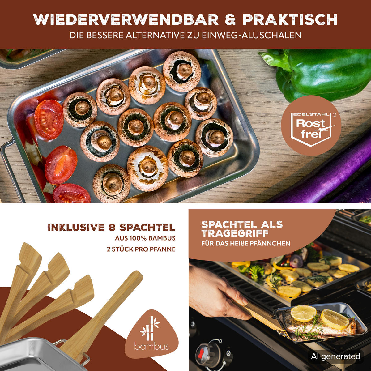 GRILLPFANNE 4er-Set, Edelstahl - Edelstahlfarben, Metall (13/2.5/19.5cm) - bremermann