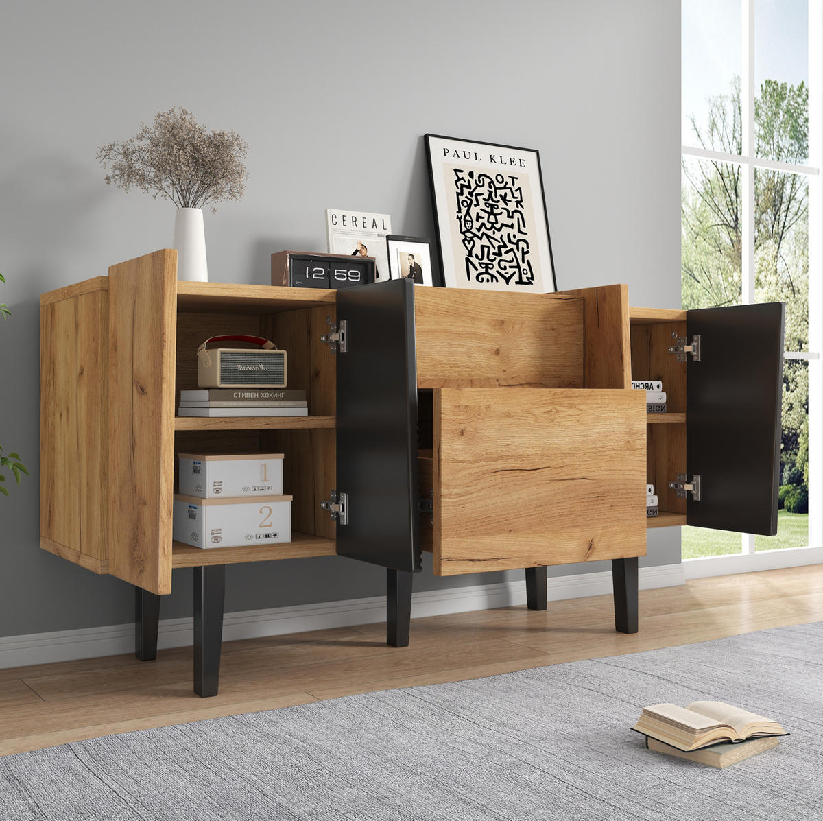 SIDEBOARD 140/40/70 cm, Eichenoptik mit 2 Schubladen und 4 Türen, Massivholzbeine, höhenverstellbare Einlegeböden, Eiche - Eichefarben, Holzwerkstoff (40/70/140cm) - Redom