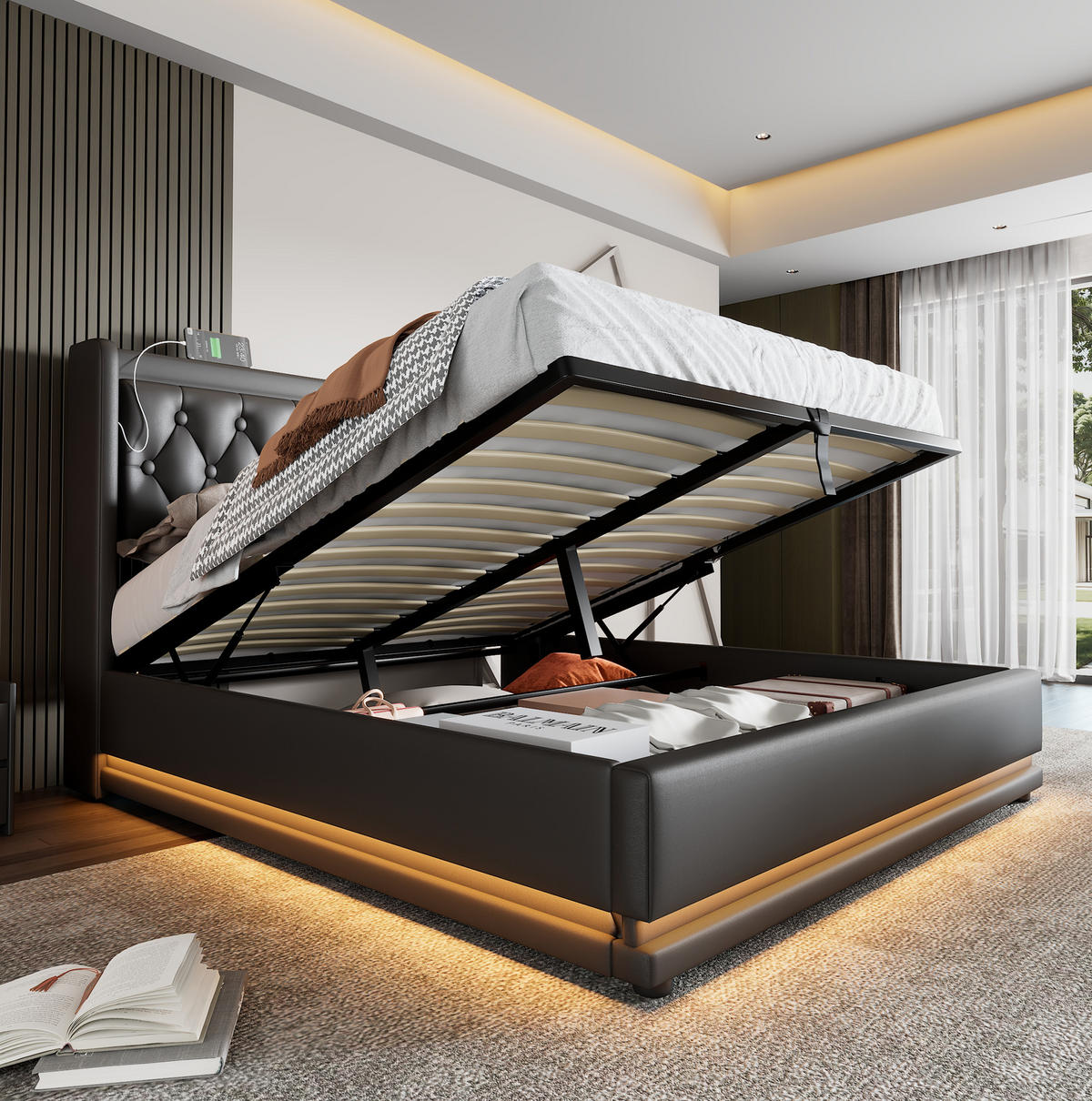BETT mit Stauraum, LED und USB/Typ-C 140x200 cm PU Schwarz inkl. Matratze - Schwarz, Metall (140/200cm) - Meubliv