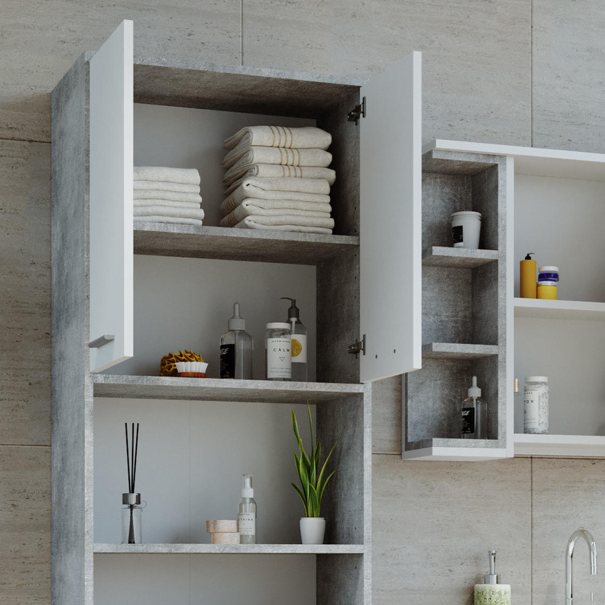 BADSCHRANK Maris Beton 56.1 x 190 cm - Schieferfarben/Weiß, Holzwerkstoff (56.1/190/30cm) - Vicco