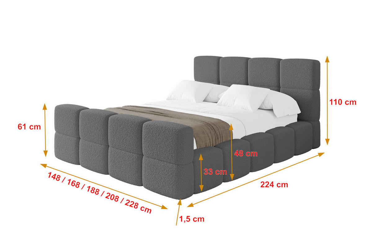 POLSTERBETT mit Bettkasten und Lattenrost, Bett mit Matratze H3/H4, Kopfteil, Boxbett, Doppelbett mit Stauraum - NATA-Z 120x200 Grau - Grau, Holzwerkstoff/Textil (120/200cm) - ALTDECOR