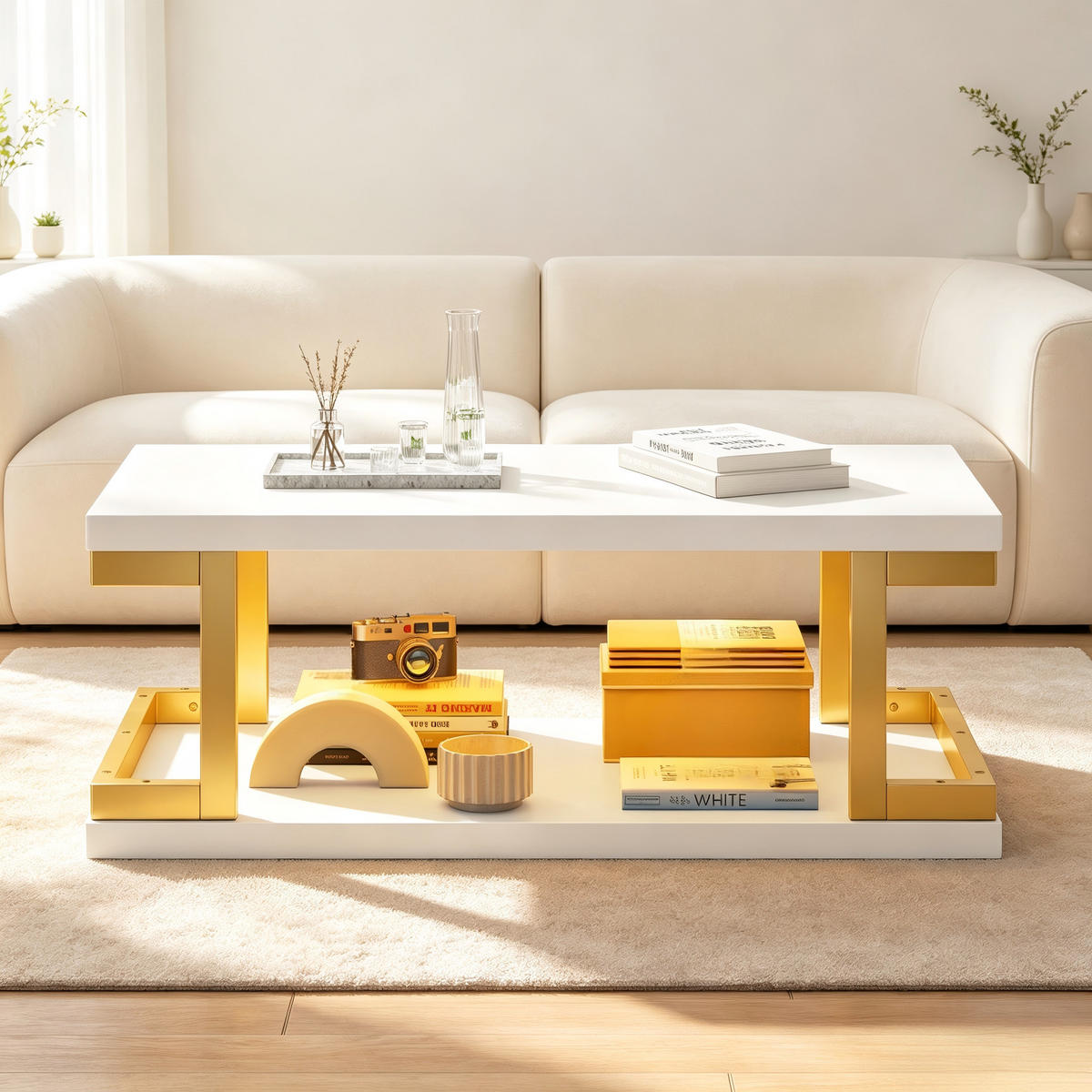 COUCHTISCH Weiß‑Gold mit U‑förmigem Metallrahmen und LED 100 × 50 × 38 cm - Weiß, Holzwerkstoff (50/100/38cm) - Luhomfu
