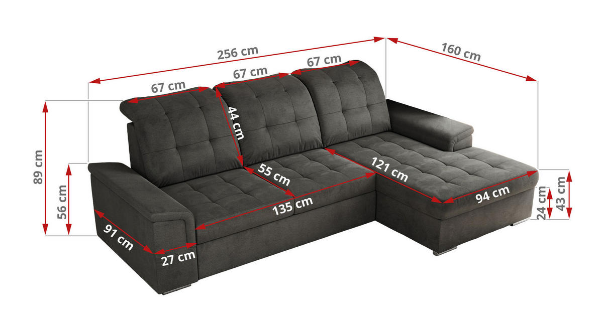 ECKSOFA MADRITO L - Dunkelgrau Velorus - Rechts - Dunkelgrau/Silberfarben, Textil/Metall (256/160cm)