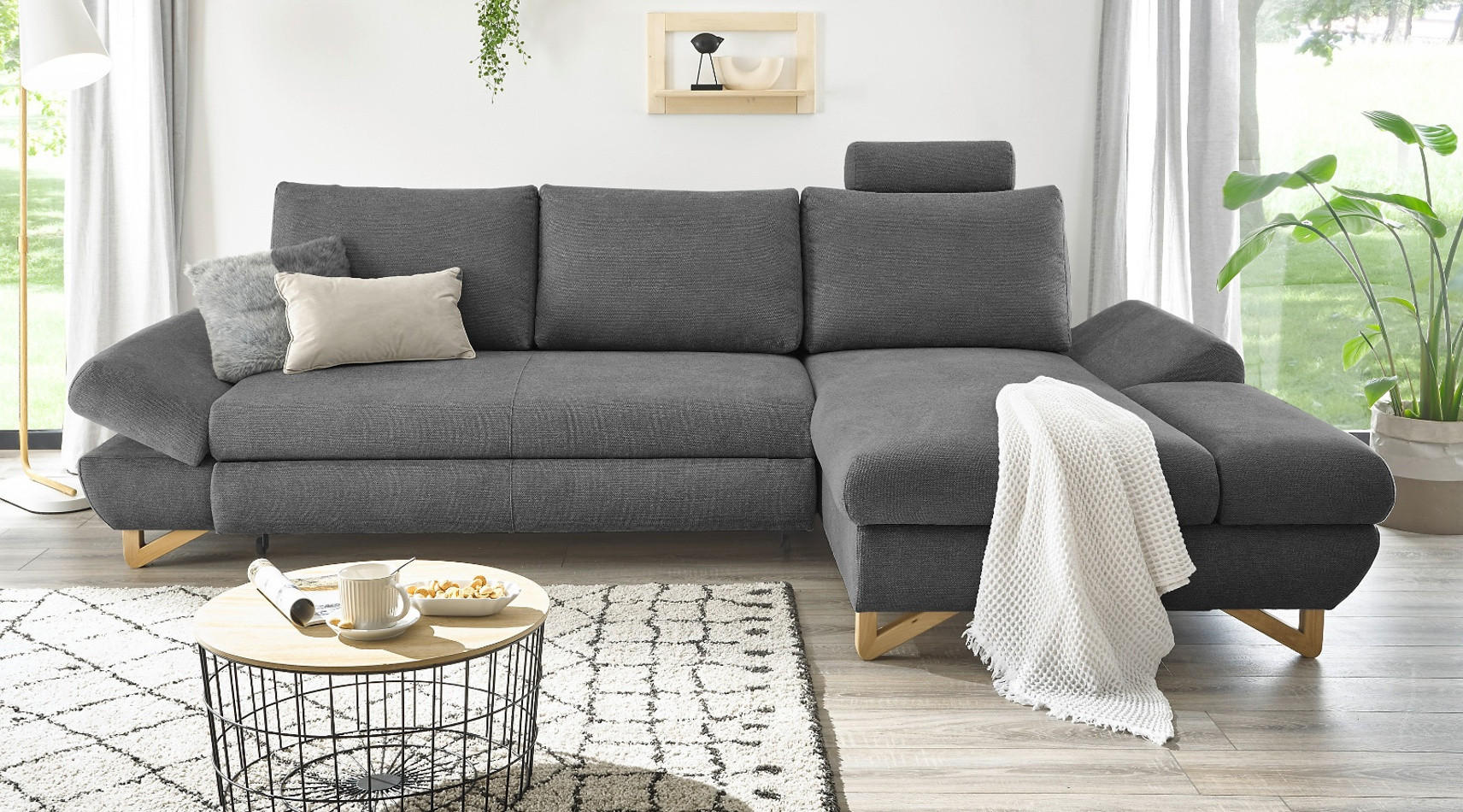 ECKSOFA grau Struktur-Stoff, Sofa mit Bettfunktion und Stauraum 284 cm - Grau, Holz/Textil (284/166cm) - Furn.Design