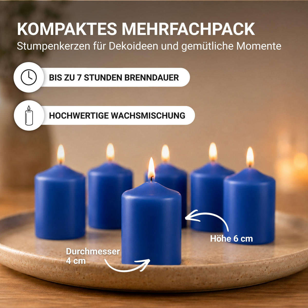 STUMPENKERZEN Ø4xH6 cm Blau 12er-Pack - Blau, Naturmaterialien (4/6cm)