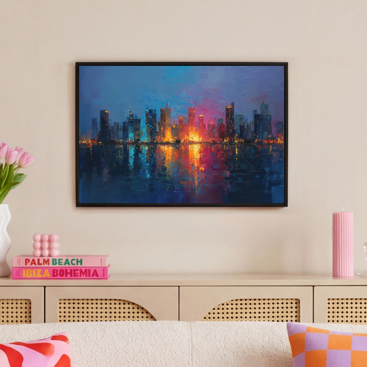 LEINWAND Bilder mit Rahmen - Skyline - Pinselstriche - Dunkelblau - Leuchtend - 60x40 - Blau, Textil (60/40cm) - MuchoWow