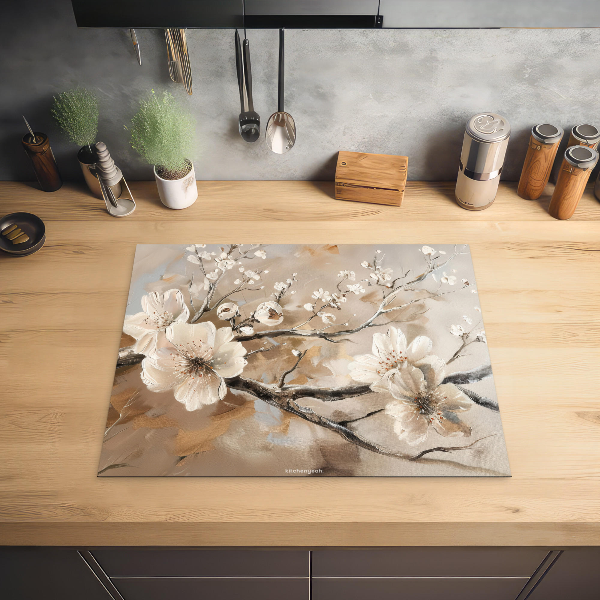 HERDABDECKPLATTE Blumen - Abstrakt - Gemalt - Beige 65x52 cm - Kaschmir, Kunststoff (65/0.2/52cm) - MuchoWow
