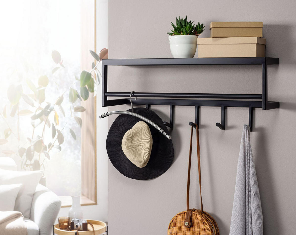 WANDGARDEROBE Metall Schwarz Modern mit 5 Haken und Kleiderstange - Schwarz, Metall (70/20/20cm) - KADIMA DESIGN
