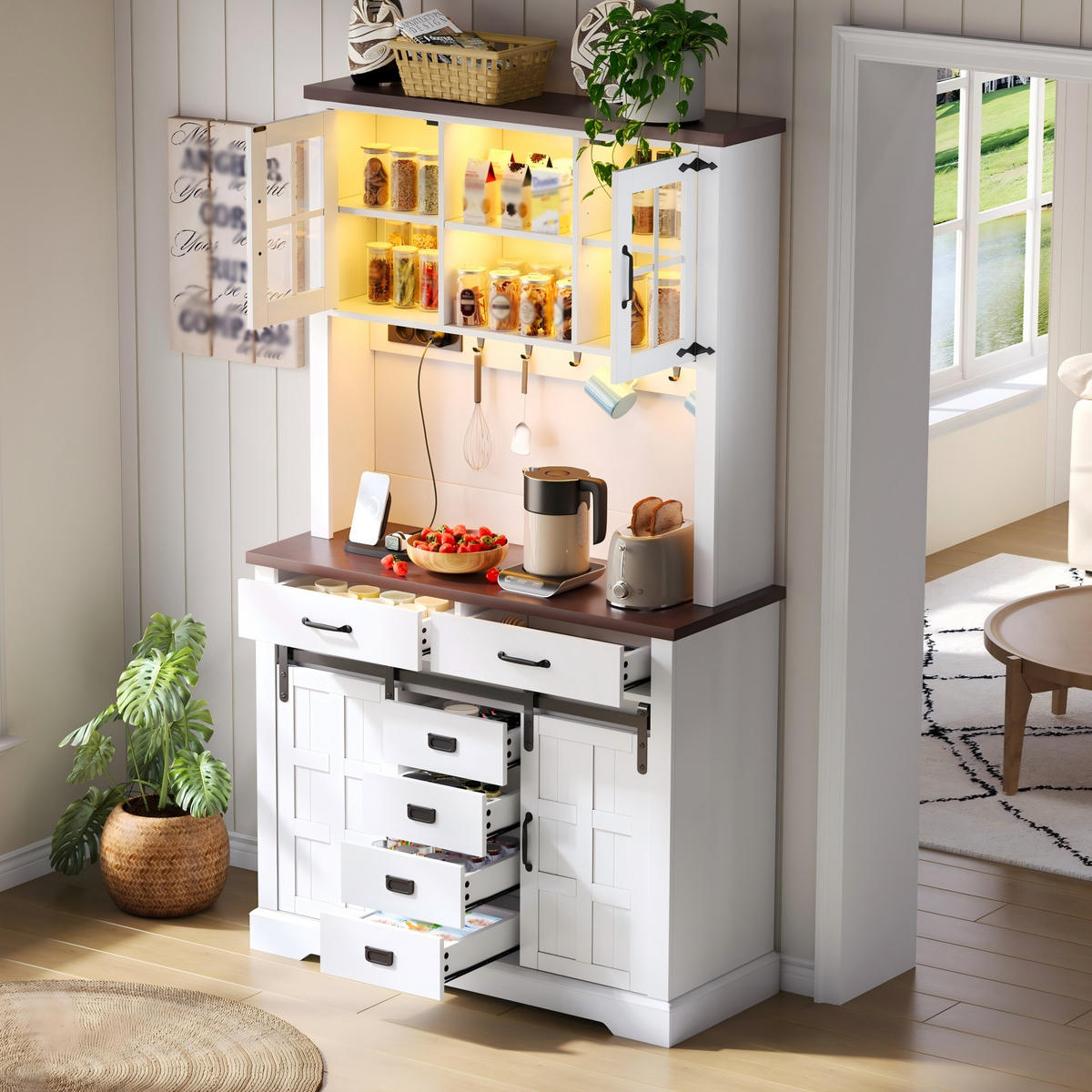 BUFFET Kücheninsel im Vintage-Landhausstil mit großer Arbeitsfläche 180/108/40 cm MDF und Glas - Weiß, Holzwerkstoff (108/180/40cm) - EVRYAE