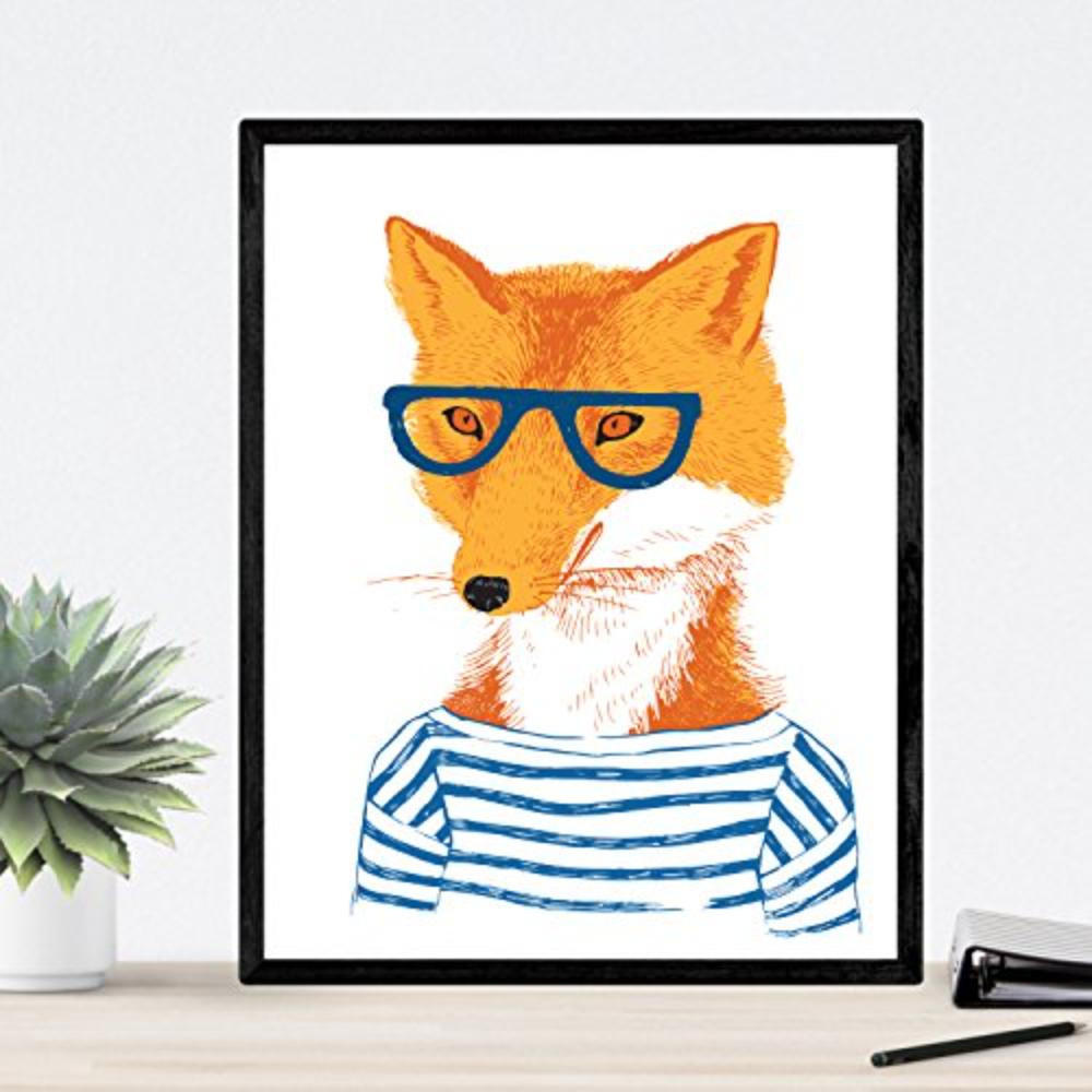 POSTER Set mit 4 „Hipster Animals“ A4 Schwarzer Rahmen - Schwarz, Papier (29.7/3cm) - Nacnic