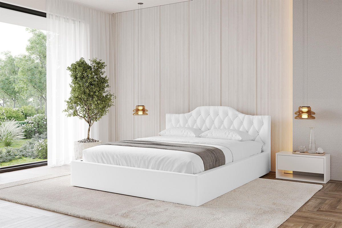 POLSTERBETT mit Bettkasten und Lattenrost, Boxbett ohne Matratze - FALIO-V1 160x200 Weiß Kunstleder - Weiß Hochglanz, Holzwerkstoff/Textil (160/200cm) - ALTDECOR