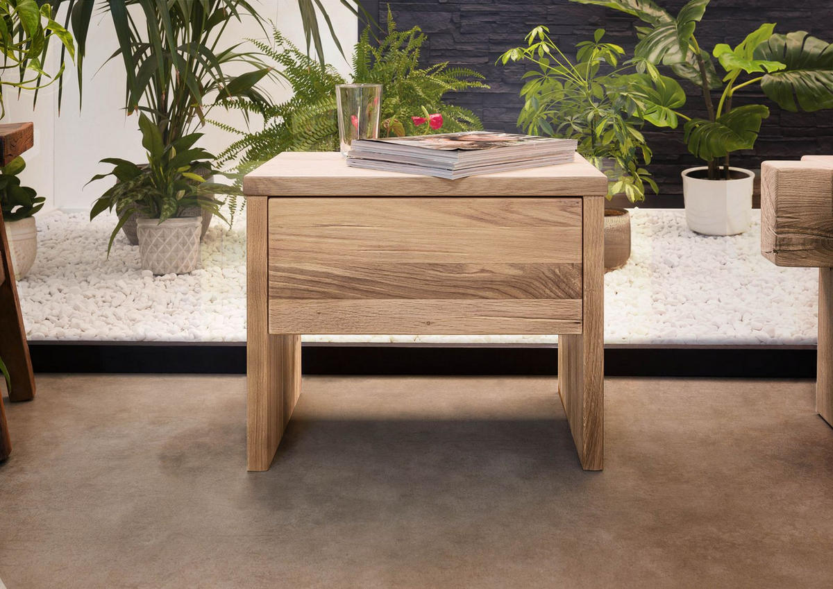NACHTTISCH Wildeiche 50x35x40 bianco geölt JANGALI #119 - Beige, Holz (50/40/35cm) - Massivmoebel24