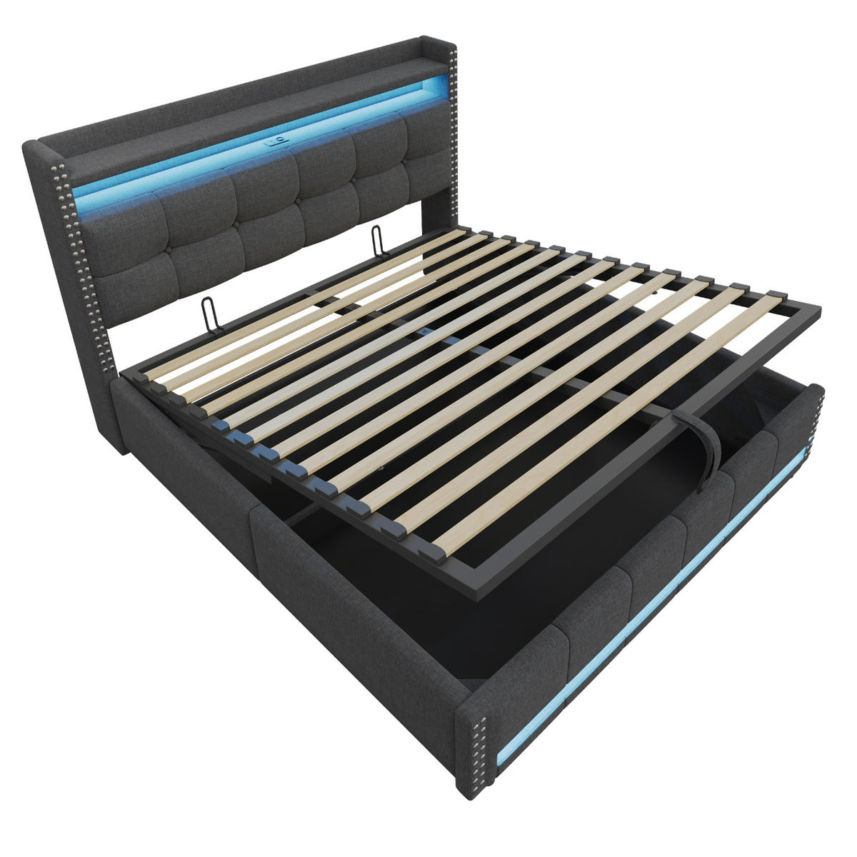 POLSTERBETT 180/200 cm Grau mit LED-Beleuchtung und USB-Steckdose - Grau, Textil (180/200cm) - OKWISH