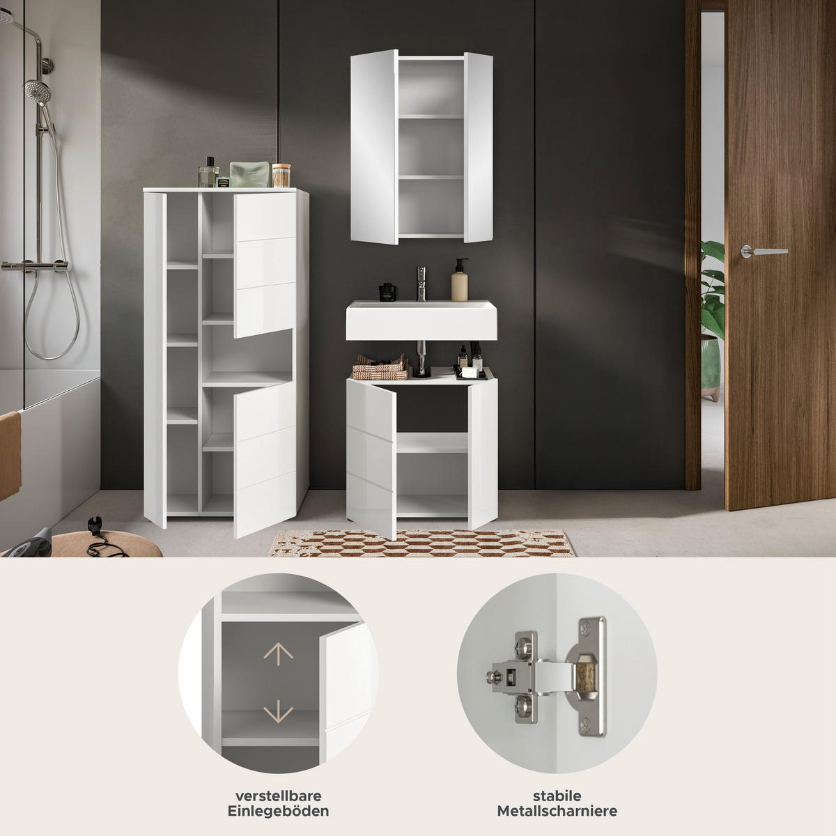 BADKOMBINATION 3tlg. Vira Bad in weiß Melamin und weiß hochglanz B/H/T: 135x190x34 cm - Weiß, Holz (135/190/34cm)