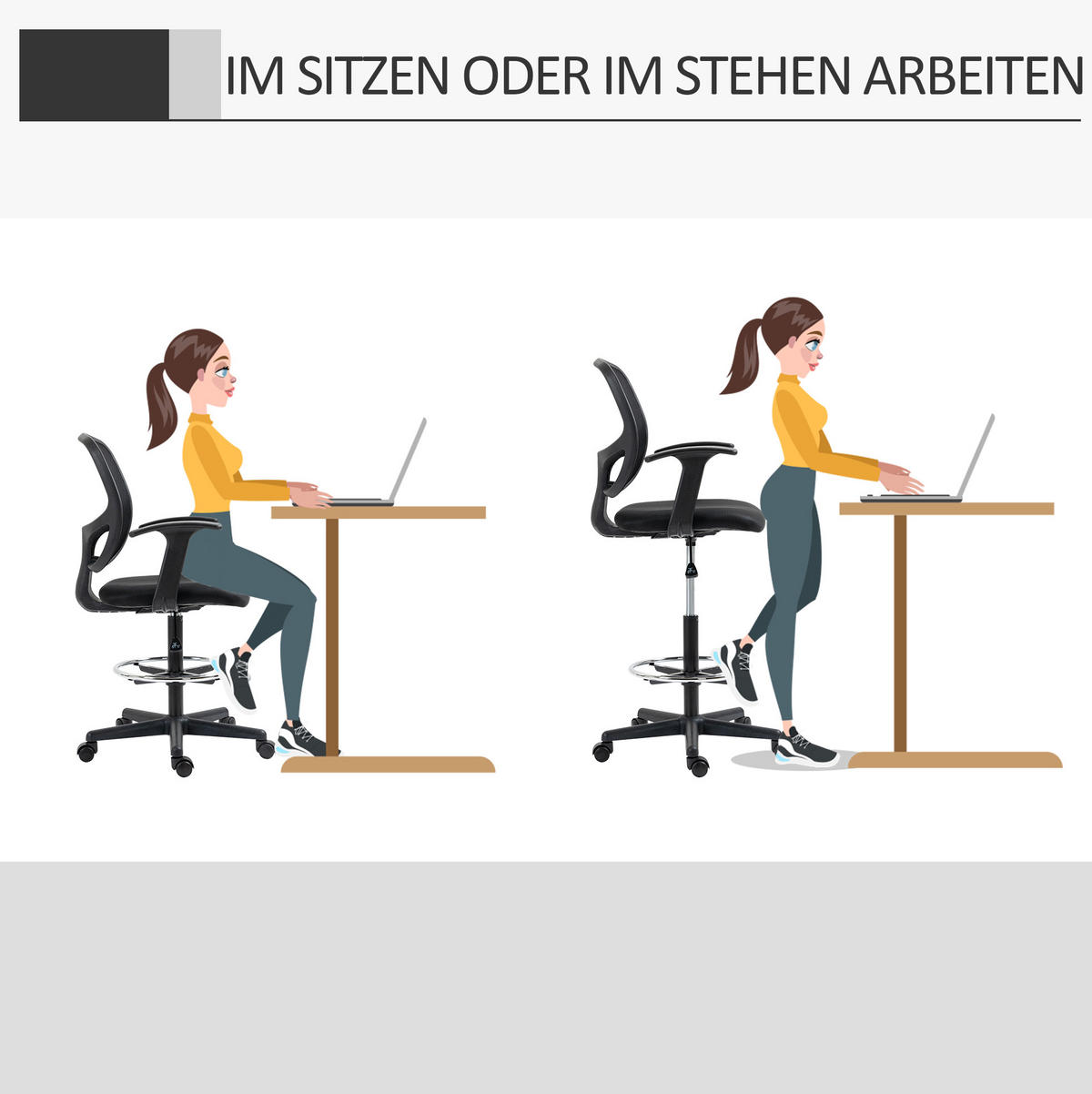DREHSTUHL 60/56/110-132 cm schwarz aus Schaumstoff höhenverstellbar mit Fußring - Schwarz, Kunststoff (56/132/60cm) - OKWISH