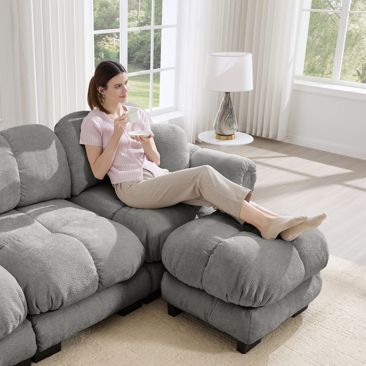 SOFA U-Form 4-Sitzer Chenille Hellgrau - Hellgrau, Holz (149/90/330.1cm) - Meubliv