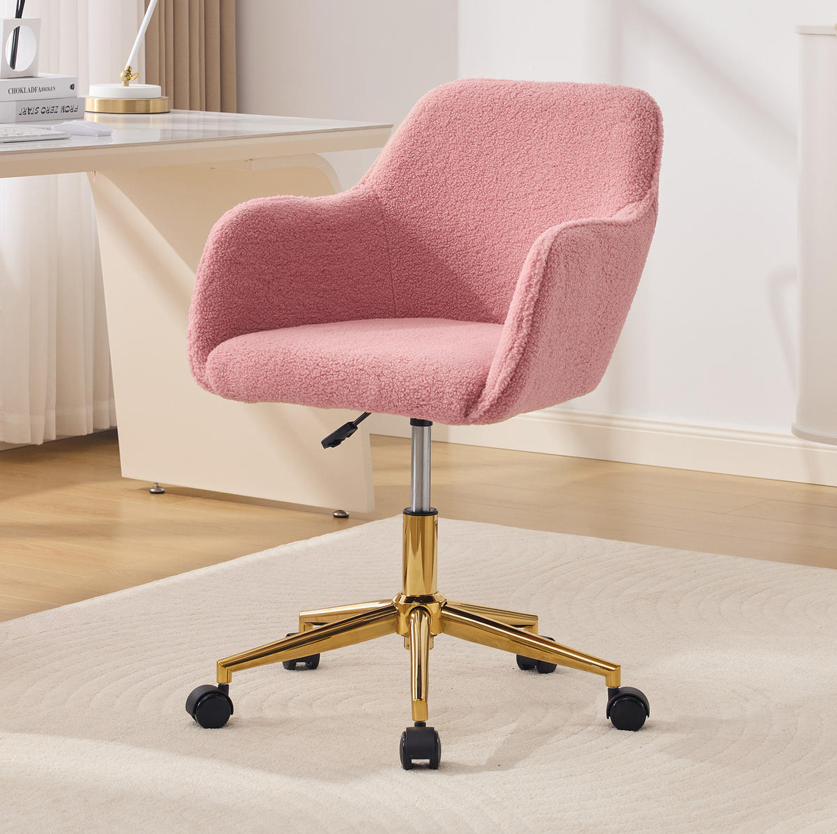 DREHSTUHL 58/58/86 cm pink aus Lammfell-Optik mit 360° Drehung - Pink, Textil (58/86/58cm) - OKWISH