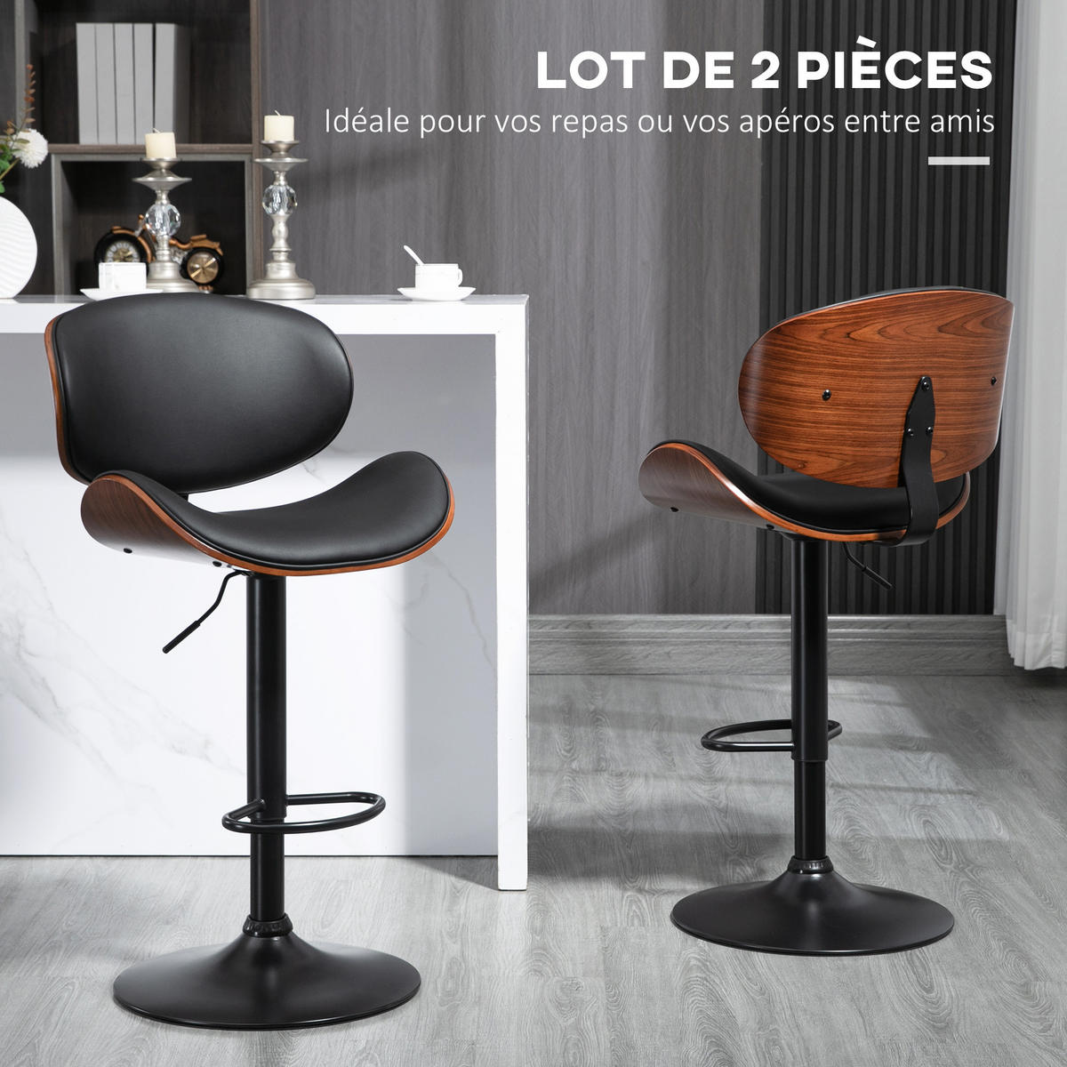 BARHOCKER 2er-Set DE-14709 höhenverstellbar mit Kunstleder Schwarz - Schwarz, Metall (52/112/53cm) - ComfortXL