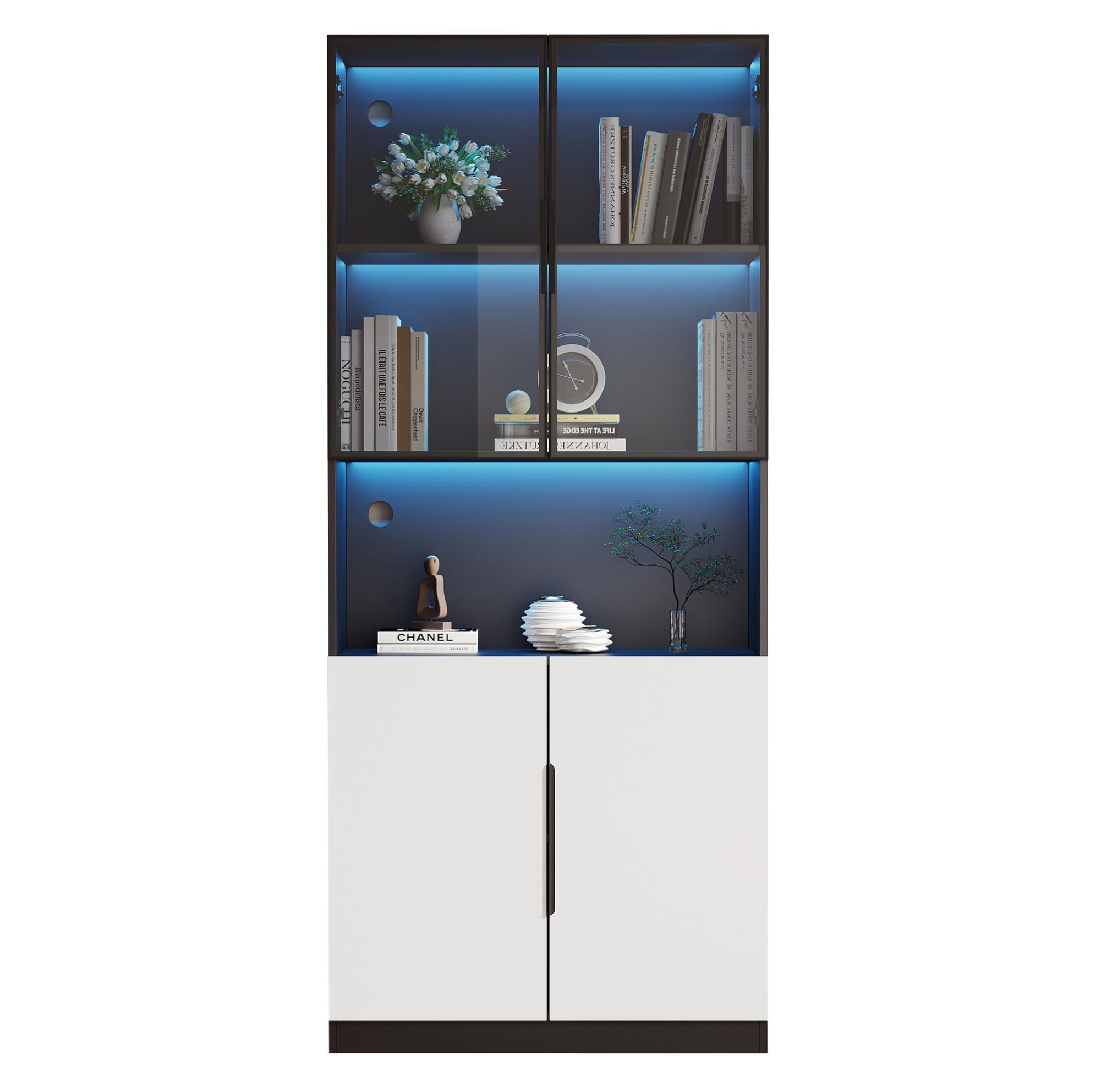 VITRINE 160/30/200 cm aus Spanplatte mit LED-Beleuchtung und Glastüren Weiß/Schwarz - Weiß, Holzwerkstoff (30/200/160cm) - Modenvie