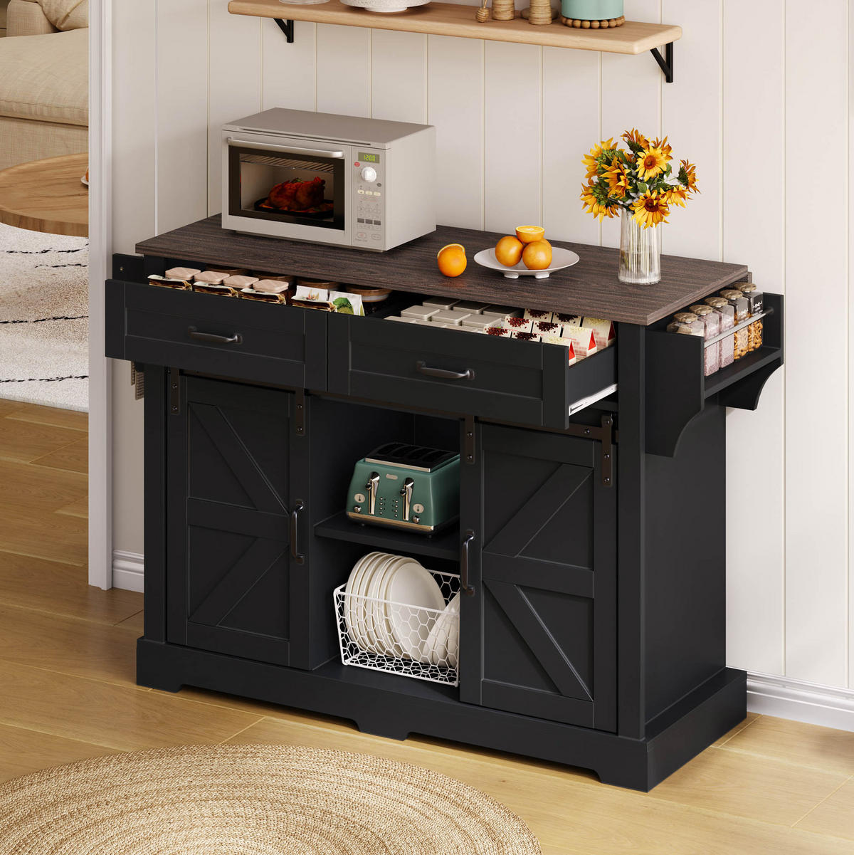KÜCHENINSEL mit klappbarer Arbeitsplatte 120x45(70)x91 cm Schwarz - Schwarz, Holz (70/91/120cm) - Beauniv