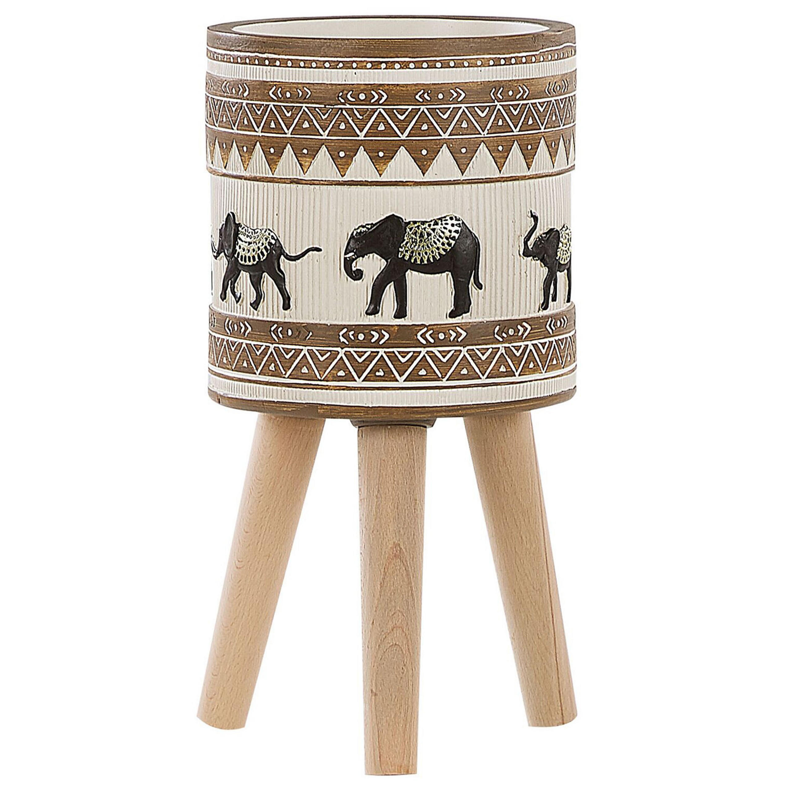 PFLANZENSTÄNDER beige/braun Elefantenmotiv mit Holzbeinen 43 cm Kottes - Beige/Goldfarben, Stein (43cm) - Beliani