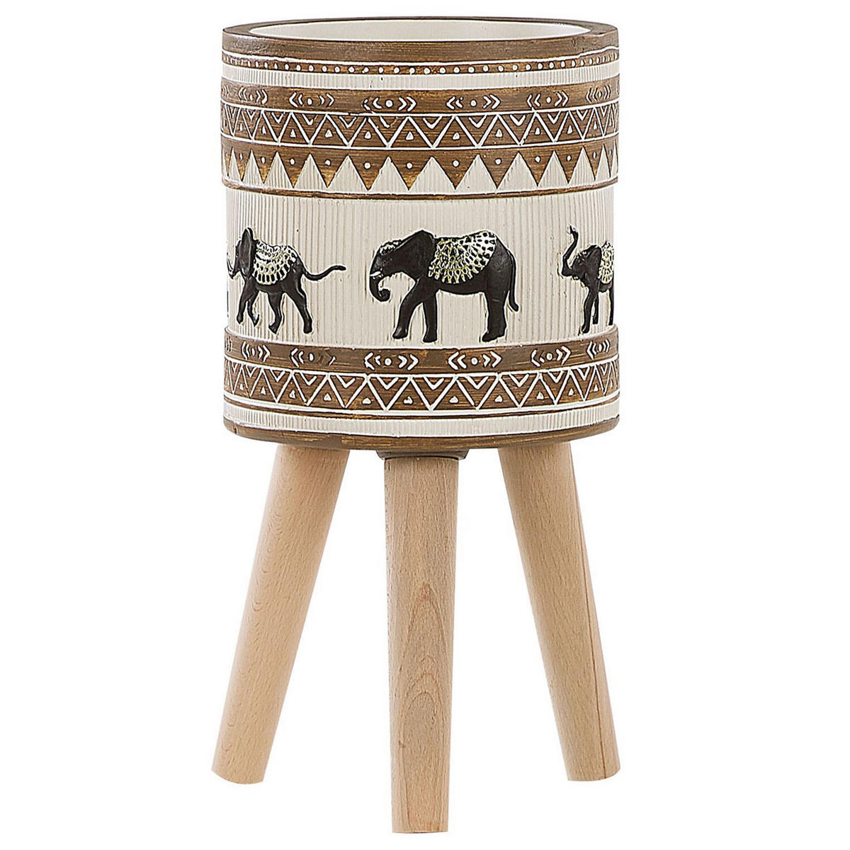 PFLANZENSTÄNDER beige/braun Elefantenmotiv mit Holzbeinen 43 cm Kottes - Beige/Goldfarben, Stein (43cm) - Beliani