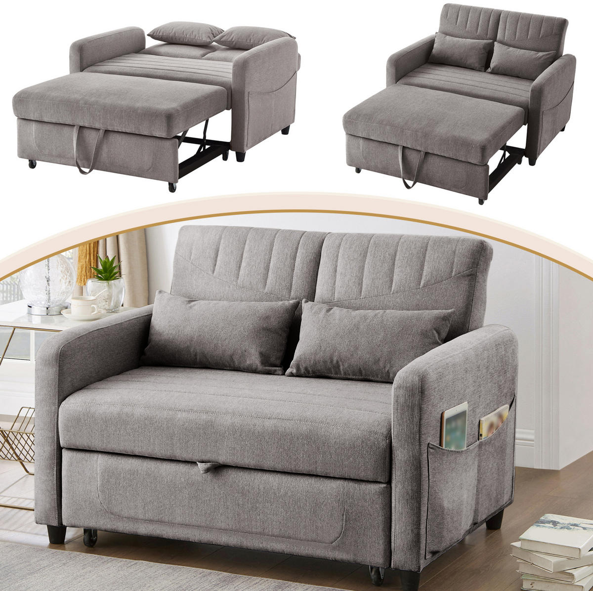SOFABETT mit Schlaffunktion 166x95 cm Baumwoll-Leinen Grau - Grau, Metall (77/82.5/114cm) - Meubliv