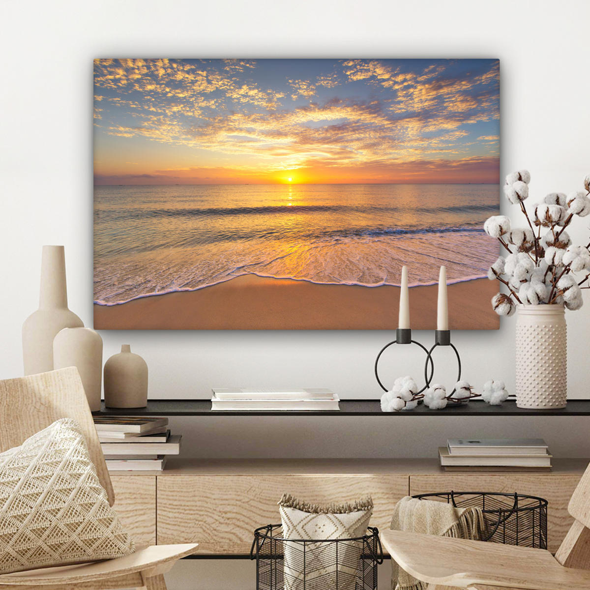 LEINWANDBILD Strand - Sonnenuntergang - Meer Wanddeko 90x60 cm - Gelb, Textil (90/60cm) - MuchoWow