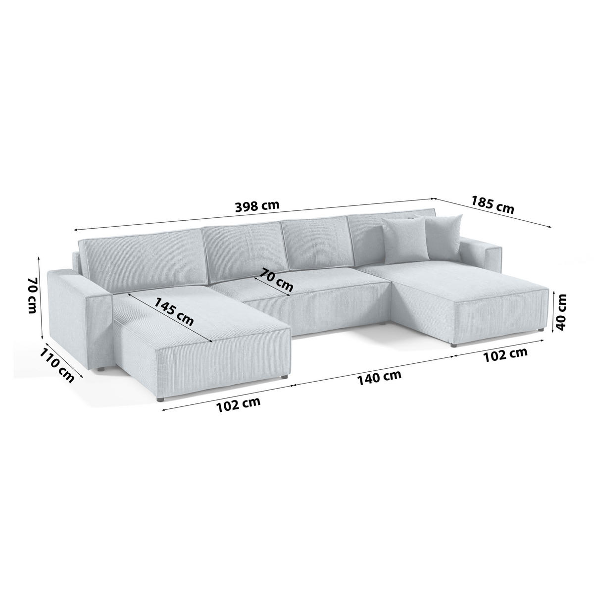WOHNLANDSCHAFT Sekwana U Hellgrau - Hellgrau, Naturmaterialien (185/70/398cm) - Fedve